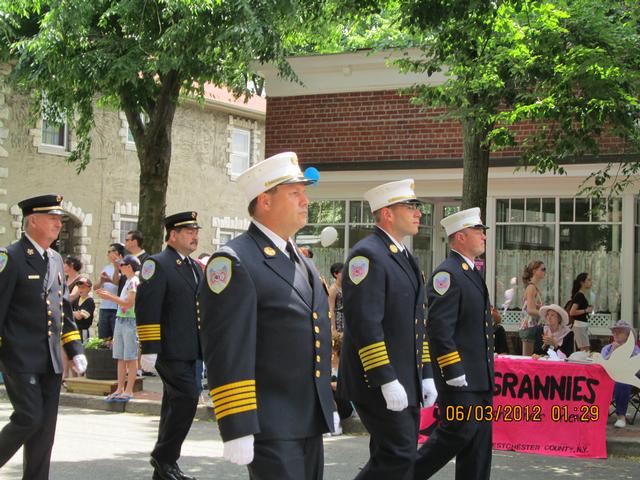 L to R: Asst. Chief Bill Vlad, Chief John Munson and Asst. Chief Mansfield lead Croton's Bravest in the 2012 Summerfest Parade, which celebrated the department's 120th anniversary.