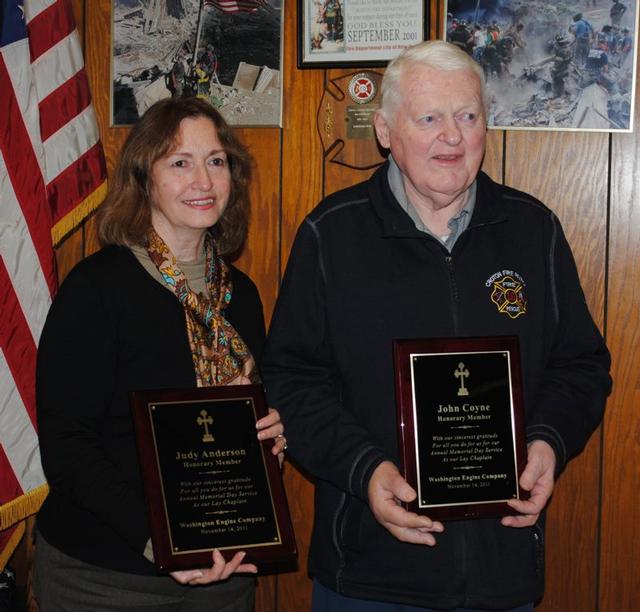 11/14/11 - Washington Engine Company No. 2 made Lay Chaplain's Judy Anderson and John Coyne &quot;Honorary Members&quot; for their years of service.  They both serve as Lay Chaplains for the Department as well.