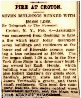 News article of a fire that damage seven buildings on 2/4/1909.